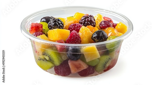 Fresh mixed fruit salad in a clear plastic bowl, featuring a variety of colorful fruits like kiwi, mango, berries, and watermelon.