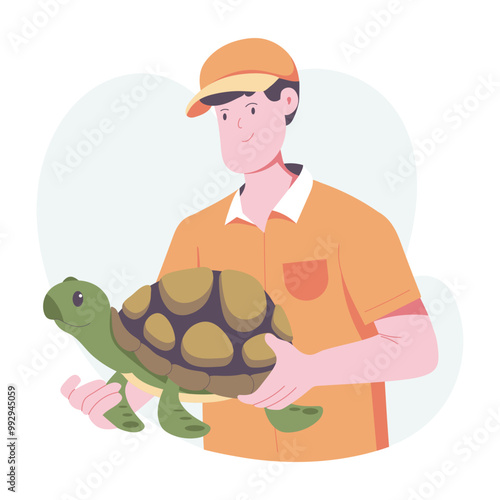 A man holding a zoo turtle, flat style illustration 