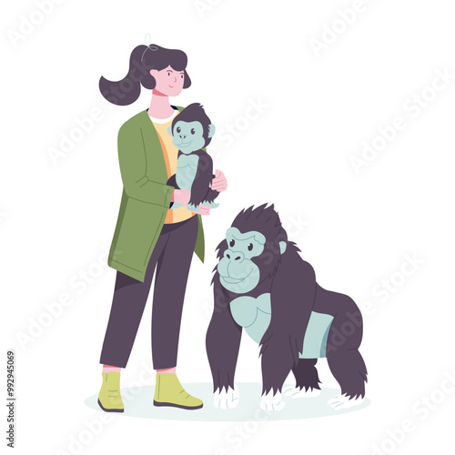 A woman holding zoo gorilla baby, flat style illustration 