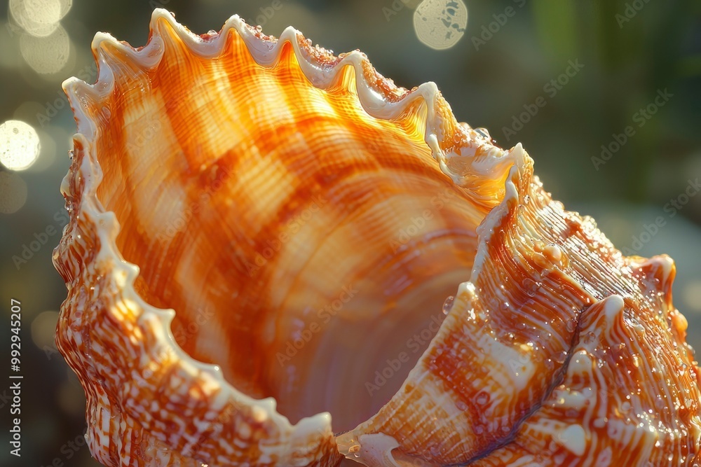 Close-up of a Shiny Brown and White Seashell with Water Droplets Close-up of a Shiny Brown and White Seashell with Water Droplets