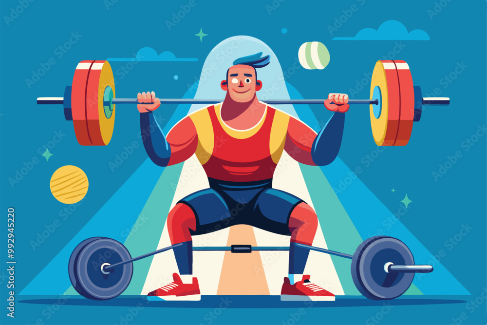 A muscular athlete performs a powerlifting squat, showcasing strength and determination in a colorful setting, Customizable Paralympic powerlifting illustration A muscular athlete performs a powerlifting squat, showcasing strength and determination in a colorful setting, Customizable Paralympic powerlifting illustration