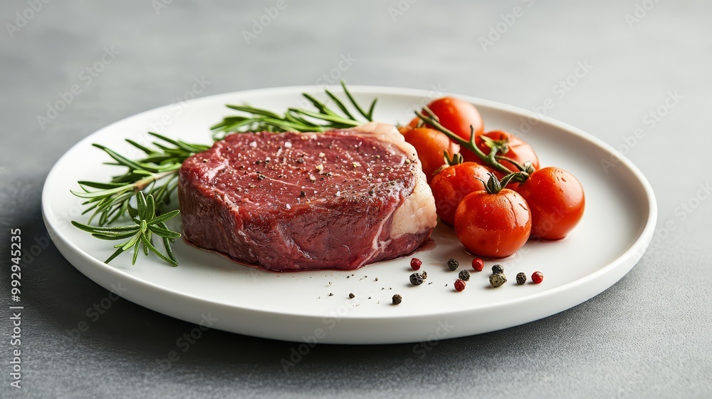 Fresh raw beef steak with cherry tomatoes and rosemary garnish on a white plate, seasoned with salt and pepper, ready for cooking. Fresh raw beef steak with cherry tomatoes and rosemary garnish on a white plate, seasoned with salt and pepper, ready for cooking.
