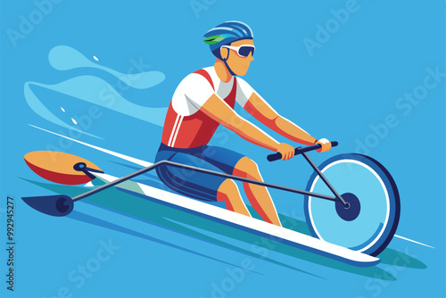 A rower with sunglasses and a helmet propels a boat with a paddle in a dynamic, vibrant setting, Customizable Paralympic rowing illustration