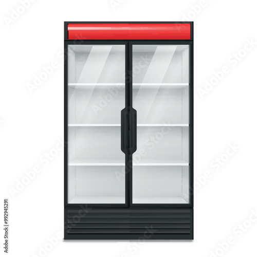 Commercial refrigerator with glass two doors supermarket cooler cupboard realistic vector
