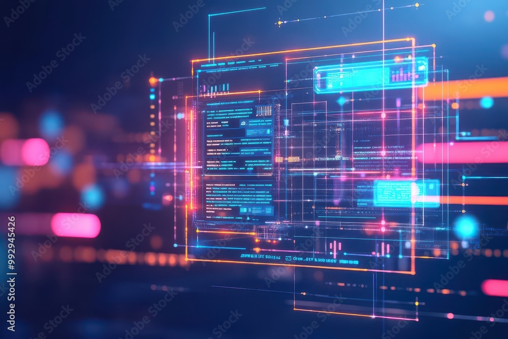 Fototapeta premium Digital website prototyping, floating holographic screens, AIpowered design tools, neon glow