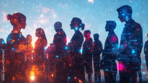 Digital silhouettes of diverse people standing together against a cosmic backdrop 