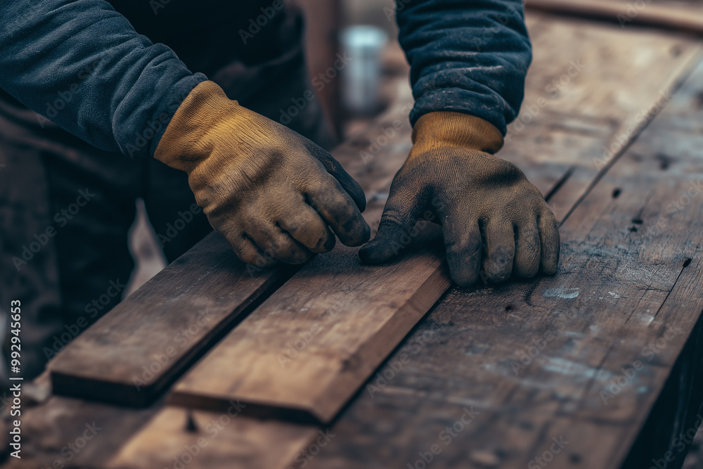 Closeup of Hands in Work Gloves on Wooden Plank Closeup of Hands in Work Gloves on Wooden Plank