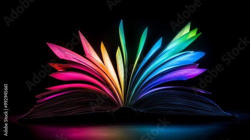 Open book with colorful glowing pages, creativity and imagination, power of knowledge, innovation, storytelling, artistic inspiration