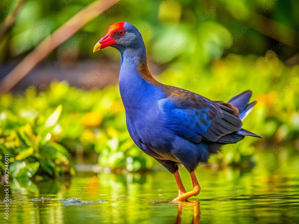 In a peaceful wetland habitat, a magnificent mud hen wades gracefully, enveloped by lush greenery, showcasing the In a peaceful wetland habitat, a magnificent mud hen wades gracefully, enveloped by lush greenery, showcasing the