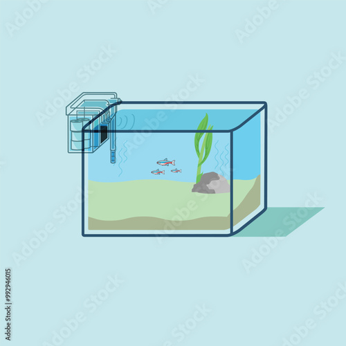 Illustration aquariums with neon tetra fish inside. aquarium with top view and filter.