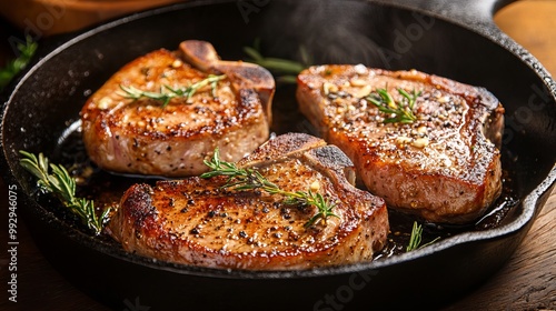 Savor the tantalizing aroma of pork chops sizzling in a cast iron pan, infused with the pungent essence of garlic. 