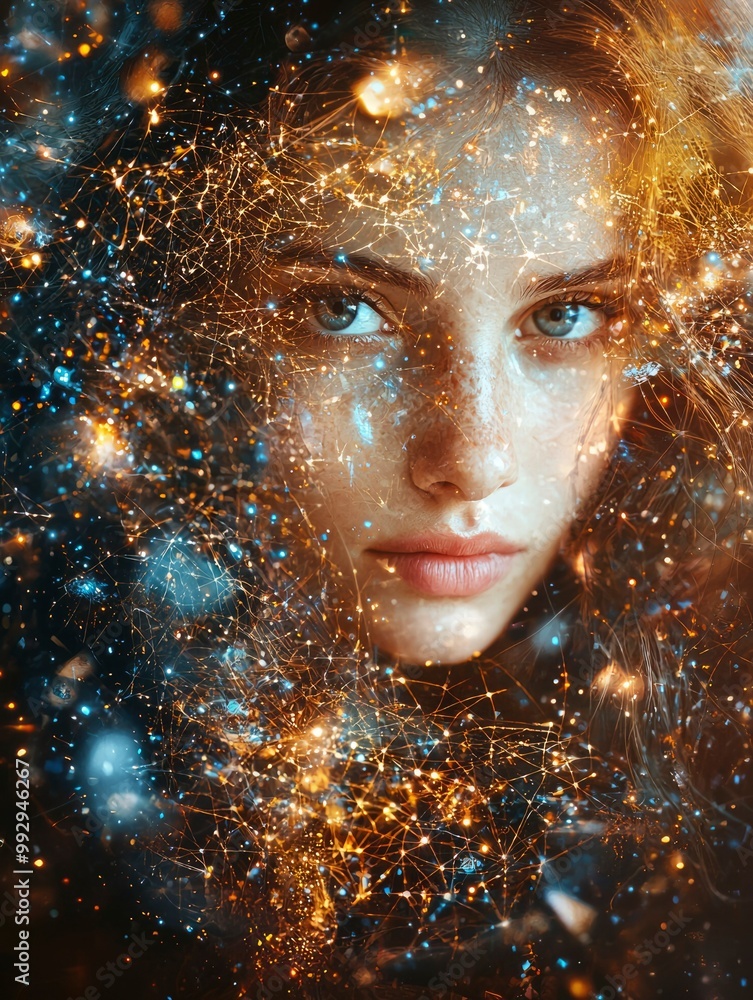 Close-up Portrait of a Woman with Sparkly Lights and Abstract Patterns Close-up Portrait of a Woman with Sparkly Lights and Abstract Patterns