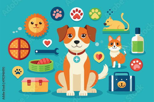 This colorful illustration showcases various pet care items alongside a happy dog and cat in a playful layout, Customizable pet care illustration that is disproportionate.