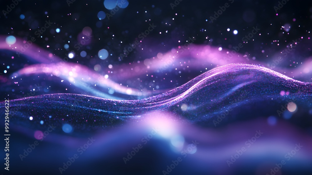 Fototapeta premium Abstract Purple and Blue Glittering Waves with Bokeh Lights
