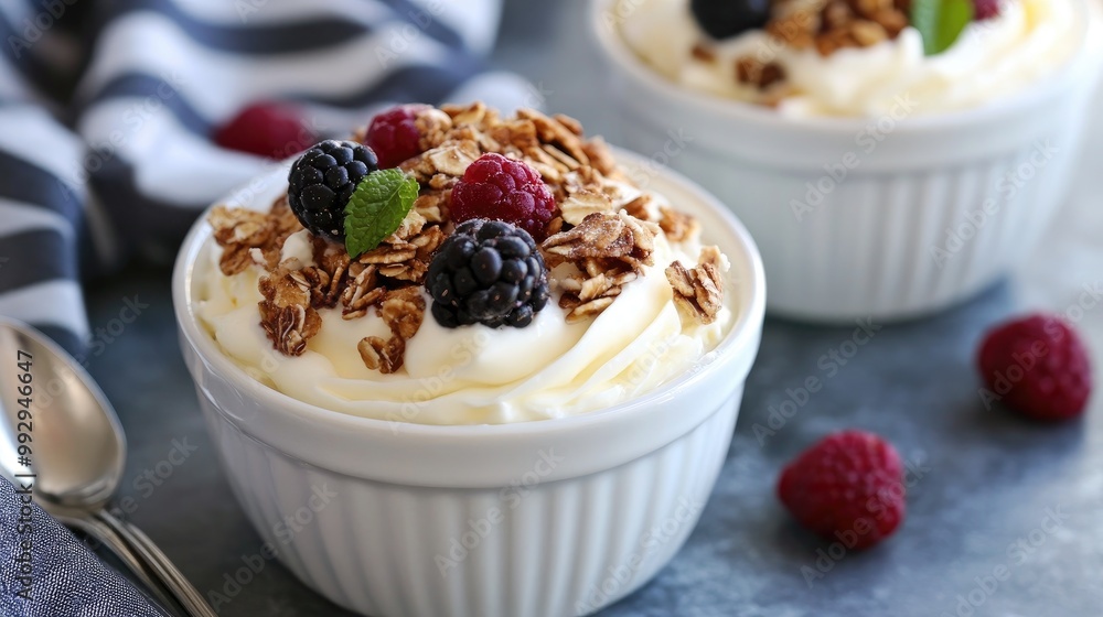 Yogurt parfait with granola, berries, and mint. This photo is perfect for illustrating healthy breakfasts, snacks, or dessert recipes. Yogurt parfait with granola, berries, and mint. This photo is perfect for illustrating healthy breakfasts, snacks, or dessert recipes.
