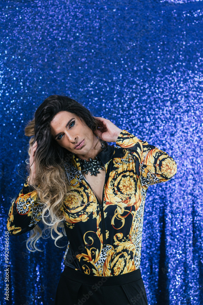 Glamorous drag queen against sequin background Glamorous drag queen against sequin background