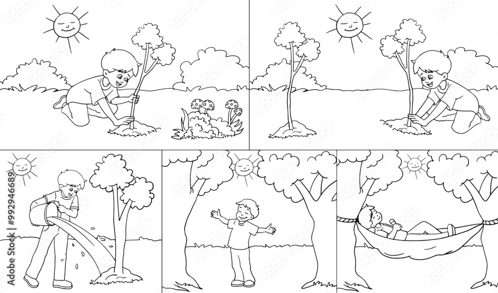 Obraz premium Love of trees. Little boy planting a tree. Coloring exercise.