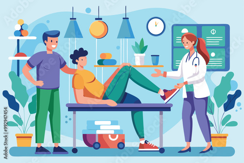 A physiotherapist assists a patient with leg exercises in a bright and welcoming clinic environment, Customizable physiotherapy illustration.