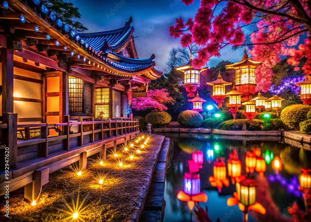 Obraz premium Elegant Kanji Light Display Illuminating Traditional Japanese Aesthetics in a Serene Environment