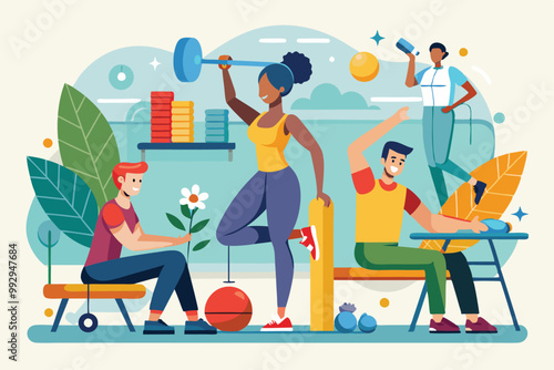 Individuals engage in various physical therapy exercises, promoting health and wellness in a bright studio, Customizable flat illustration of physical therapy exercise.