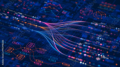 Big data technology Data science analysing artificial intelligence generative AI deep learning machine learning algorithm Neural flow network analytics innovation abstract futuristic. 3d rendering..