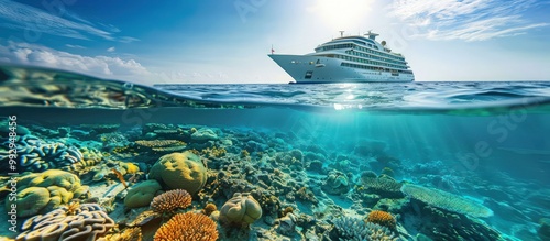 Elegant cruise ship gliding through the vibrant coral reefs and clear waters of the Maldives, with bright sunlight.