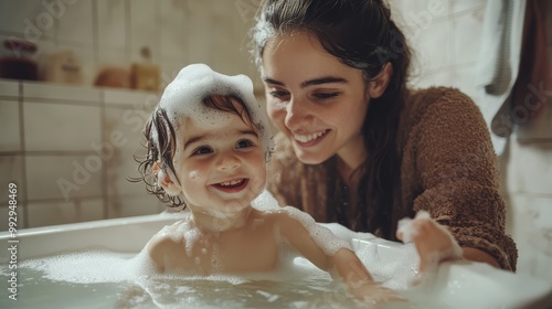 Happy child and smiling mother bathing together, enjoying playful moments and bonding in a warm, cozy bathroom. photo