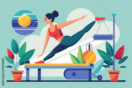 A woman performs a stretching exercise on a pilates reformer while surrounded by fitness gear and plants, Customizable Pilates Illustration