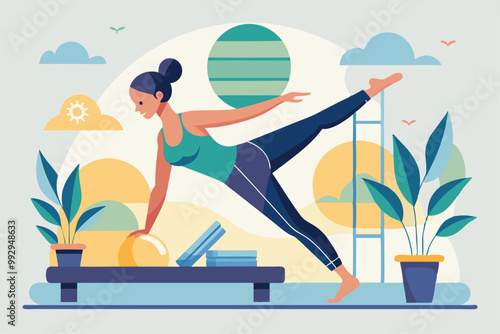A woman performs pilates in a bright home setting, using a reformer and a stability ball for fitness, Customizable Pilates Illustration