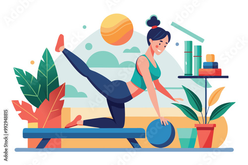 A woman practices pilates on a reformer in a bright, plant-filled room while using a small ball, Customizable Pilates Illustration