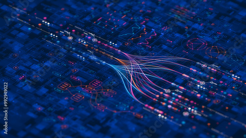 Big data technology Data science analysing artificial intelligence generative AI deep learning machine learning algorithm Neural flow network analytics innovation abstract futuristic. 3d rendering..