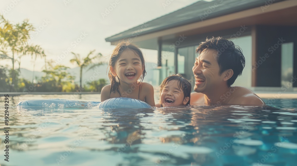 Happy family enjoying quality time and laughter together in a swimming pool during a sunny day. Happy family enjoying quality time and laughter together in a swimming pool during a sunny day.