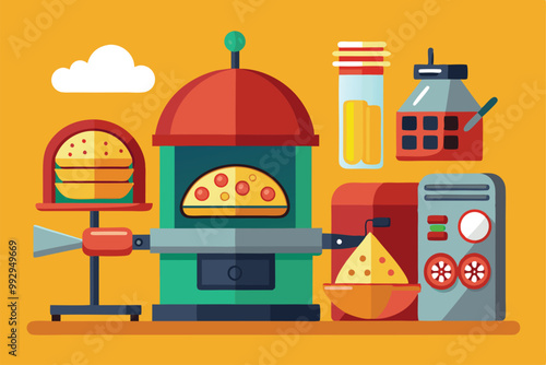 A colorful pizza maker is surrounded by various toppings and utensils, showcasing culinary creativity, Customizable pizza maker illustration