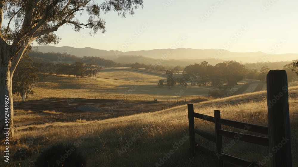 A serene landscape at sunset with rolling hills and a wooden fence. A serene landscape at sunset with rolling hills and a wooden fence.