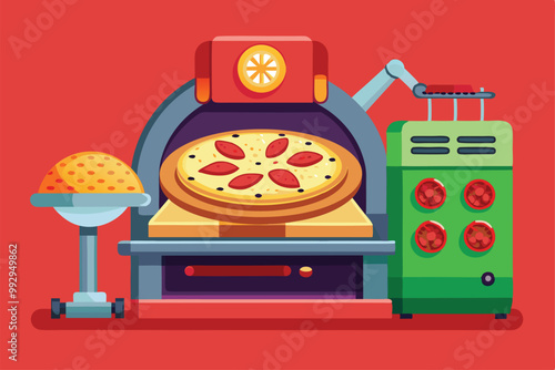 A colorful pizza maker showcases fresh ingredients and a pizza baking, perfect for culinary enthusiasts, Customizable pizza maker illustration