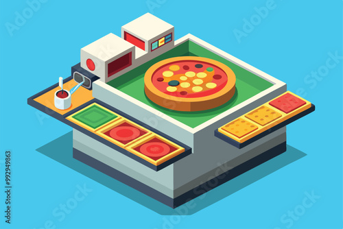 Explore a unique isometric illustration of a customizable pizza maker with colorful toppings and bases, Customizable pizza maker illustration in isometric style.