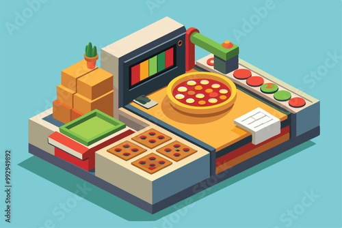 A detailed isometric illustration shows a customizable pizza maker with various toppings and tools, Customizable pizza maker illustration in isometric style.