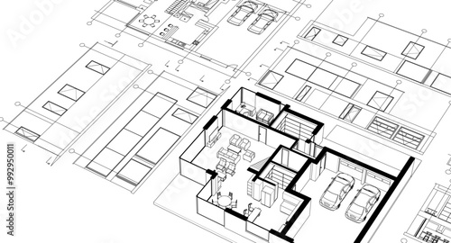 house architectural project sketch 3d illustration