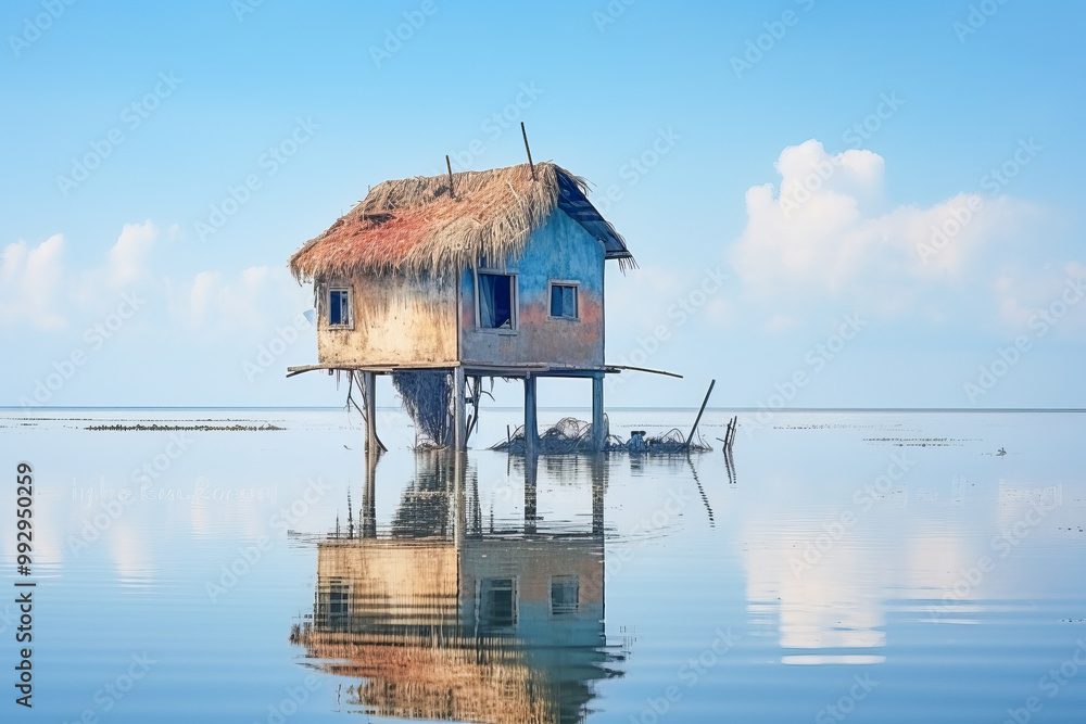 Old abandoned stilt house reflecting on calm water Old abandoned stilt house reflecting on calm water