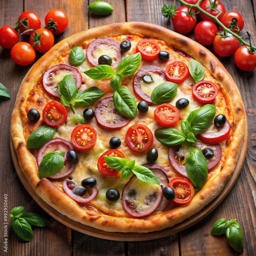 A vibrant pizza topped with fresh vegetables and basil, presented on a wooden board, ideal for culinary blogs or food delivery services. A vibrant pizza topped with fresh vegetables and basil, presented on a wooden board, ideal for culinary blogs or food delivery services.