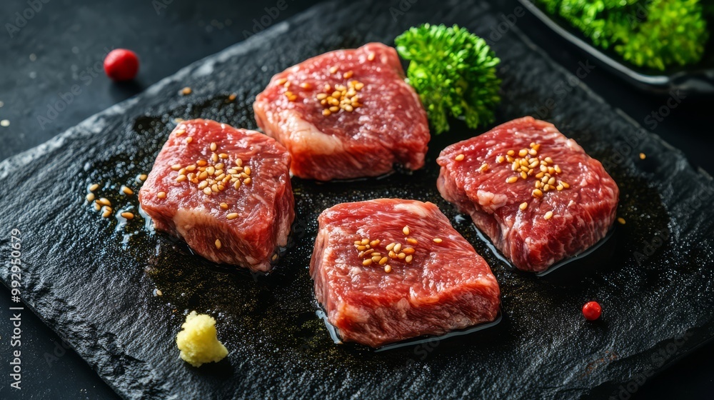 High-quality raw beef steaks garnished with herbs and seasoning on a black slate board, perfect for a gourmet cooking setup. High-quality raw beef steaks garnished with herbs and seasoning on a black slate board, perfect for a gourmet cooking setup.