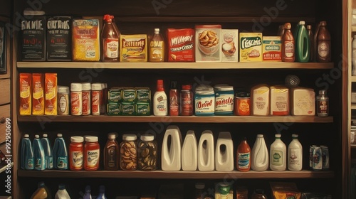 Wallpaper Mural A shelf filled with various condiments, sauces, and household products. Torontodigital.ca