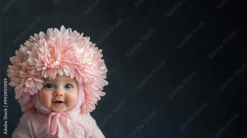 Fototapeta premium Adorable baby in a pink knitted outfit and flower hat, smiling joyfully. A sweet and charming image capturing innocence and warmth with a playful floral theme.