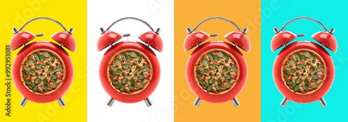 red retro  pizza clock, pointer clock, red color alarm clock on an isolated white  yellow blue orange background 