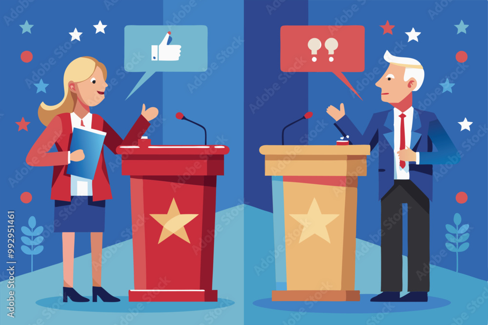 Two speakers engage in a lively political debate at podiums, exchanging ideas and opinions in a vibrant atmosphere, Customizable political debate illustration Two speakers engage in a lively political debate at podiums, exchanging ideas and opinions in a vibrant atmosphere, Customizable political debate illustration