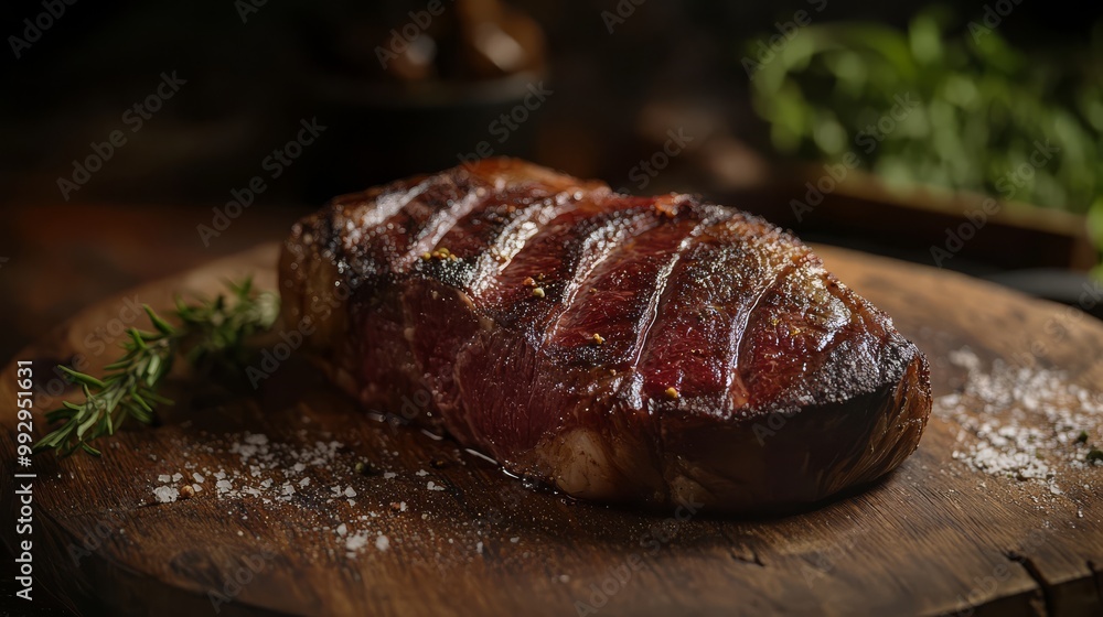Juicy grilled steak with a perfect sear on a wooden board, garnished with fresh herbs and sea salt, showcasing a delicious gourmet meal. Juicy grilled steak with a perfect sear on a wooden board, garnished with fresh herbs and sea salt, showcasing a delicious gourmet meal.