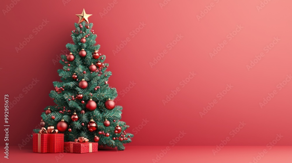 Festive Red and Green Christmas Tree with Glowing Ornaments - Stunning 3D Illustration in High-Resolution 8K Quality for Holiday Designs Festive Red and Green Christmas Tree with Glowing Ornaments - Stunning 3D Illustration in High-Resolution 8K Quality for Holiday Designs