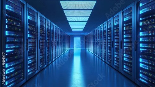 A corridor lined with illuminated server racks in a data center.