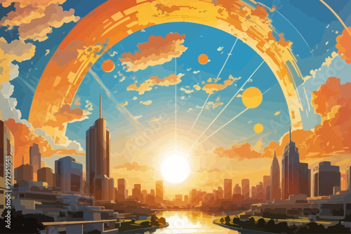 sun city, sky, illustration, comic book