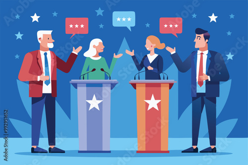 Four speakers engage in a lively political debate, presenting their views at customizable podiums, Customizable political debate illustration
